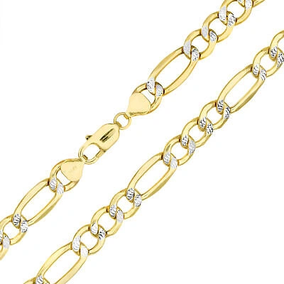 Pre-owned Nuragold 14k Yellow Gold Mens Solid 10mm Diamond Cut White Pave Figaro Chain Bracelet 9"