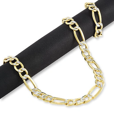 Pre-owned Nuragold 14k Yellow Gold Mens Solid 10mm Diamond Cut White Pave Figaro Chain Bracelet 9"