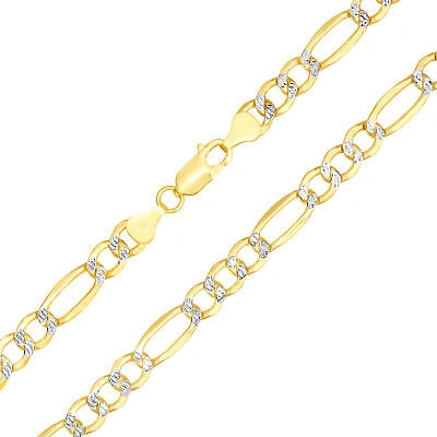 Pre-owned Nuragold 14k Yellow Gold Men 7mm Diamond Cut White Pave Italian Figaro Chain Necklace 30"