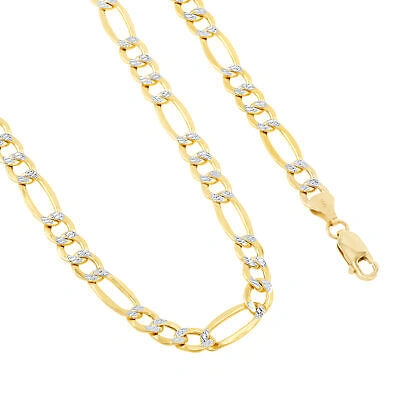 Pre-owned Nuragold 14k Yellow Gold Men 7mm Diamond Cut White Pave Italian Figaro Chain Necklace 30"