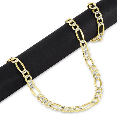 Pre-owned Nuragold 14k Yellow Gold Men 7mm Diamond Cut White Pave Italian Figaro Chain Necklace 30"