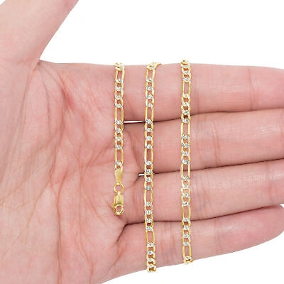 Pre-owned Nuragold Womens 14k Yellow Gold 3.5mm Diamond Cut White Pave Figaro Chain Necklace 16"