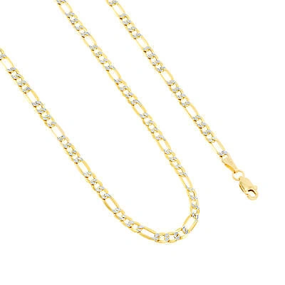 Pre-owned Nuragold Womens 14k Yellow Gold 3.5mm Diamond Cut White Pave Figaro Chain Necklace 16"
