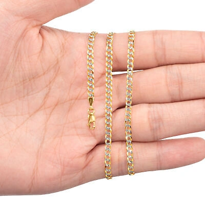 Pre-owned Nuragold 14k Yellow Gold Solid 3mm Womens Diamond Cut White Pave Cuban Necklace Chain 16"