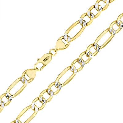 Pre-owned Nuragold 10k Yellow Gold Solid Mens 10mm Diamond Cut White Pave Figaro Chain Necklace 24"
