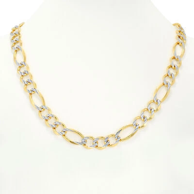 Pre-owned Nuragold 10k Yellow Gold Mens 9mm Diamond Cut White Pave Figaro Link Chain Necklace 28"
