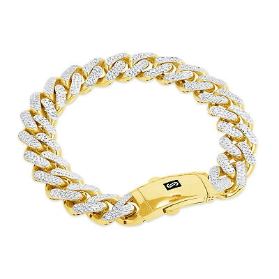 Pre-owned Nuragold 10k Yellow Gold 13mm Monaco Miami Cuban Diamond Cut Pave Chain Bracelet 8.5"