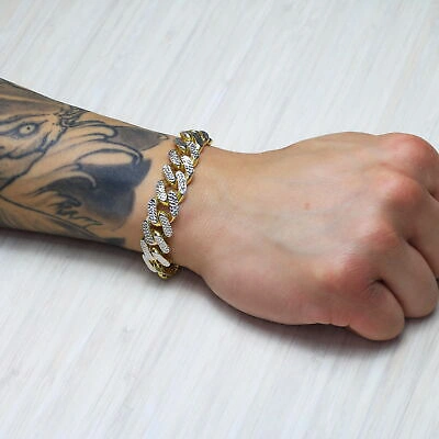 Pre-owned Nuragold 10k Yellow Gold 13mm Monaco Miami Cuban Diamond Cut Pave Chain Bracelet 8.5"