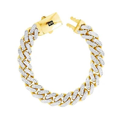 Pre-owned Nuragold 10k Yellow Gold 13mm Monaco Miami Cuban Diamond Cut Pave Chain Bracelet 8.5"
