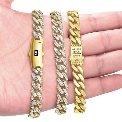 Pre-owned Nuragold 10k Yellow Gold 9mm Monaco Miami Cuban Link Diamond Cut Pave Chain Necklace 22"