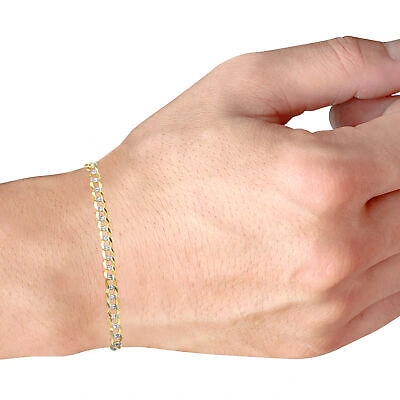 Pre-owned Nuragold 14k Yellow Gold Solid 5mm Womens Diamond Cut White Pave Cuban Chain Bracelet 7"