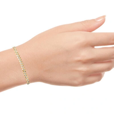 Pre-owned Nuragold 14k Yellow Gold Solid 5mm Womens Diamond Cut White Pave Cuban Chain Bracelet 7"