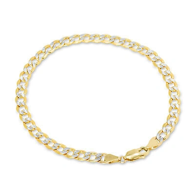 Pre-owned Nuragold 14k Yellow Gold Mens 5.5mm Diamond Cut White Pave Cuban Curb Chain Bracelet 9"