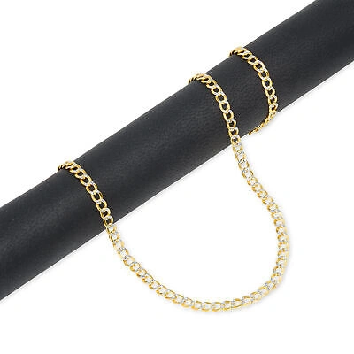 Pre-owned Nuragold 14k Yellow Gold Women 3.5mm Diamond Cut White Pave Curb Cuban Chain Necklace 16"