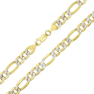 Pre-owned Nuragold 10k Yellow Gold Solid Men 8.5mm Diamond Cut White Pave Figaro Chain Necklace 22"