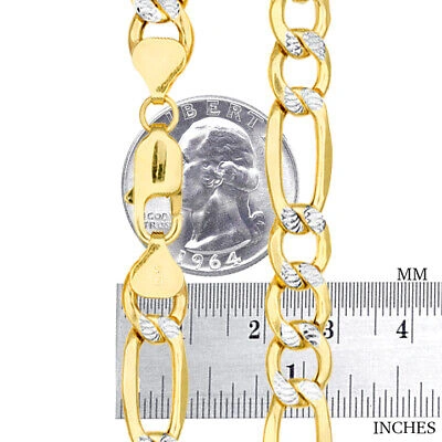 Pre-owned Nuragold 10k Yellow Gold Mens 9mm Diamond Cut White Pave Italian Figaro Chain Bracelet 9"