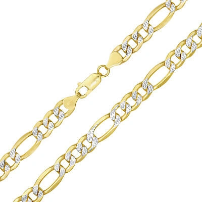 Pre-owned Nuragold 10k Yellow Gold Mens 8mm Diamond Cut White Pave Figaro Link Chain Necklace 24"