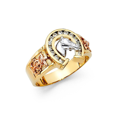 Pre-owned Lucky Brand 14k Tri Color Gold Cubic Zirconia Lucky Horseshoe Men's Ring In White