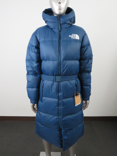 Pre-owned The North Face Womens  Nuptse Belt Long 700-down Insulated Hooded Jacket Blue