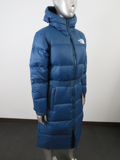 Pre-owned The North Face Womens  Nuptse Belt Long 700-down Insulated Hooded Jacket Blue