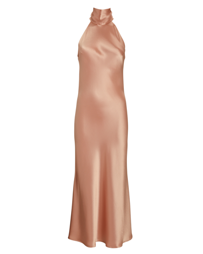Shop Galvan Sienna Satin High-neck Midi Dress In Beige