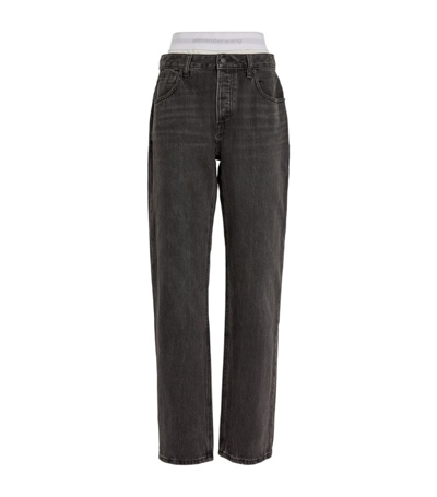 Shop Alexander Wang Logo-waistband Wide-leg Jeans In Grey