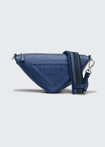 Shop Prada Men's Saffiano Leather Logo Triangle Crossbody Bag In Bluette