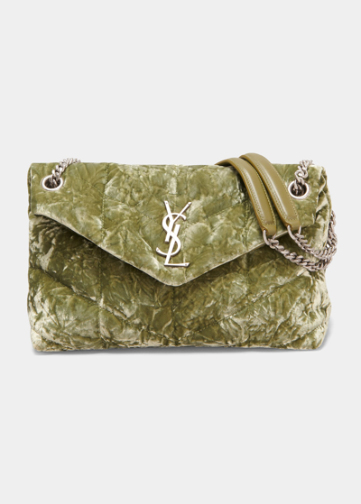 Shop Saint Laurent Loulou Small Ysl Puffer Velvet Chain Shoulder Bag In Light Avacado