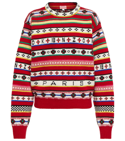 Shop Kenzo Intarsia Striped Wool And Cotton Sweater In Medium Red