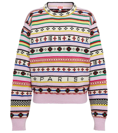 Shop Kenzo Intarsia Striped Wool And Cotton Sweater In Rose