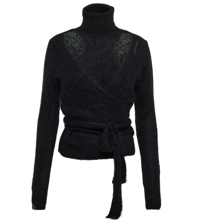 Shop Ganni Cutout Wrap Wool-blend Top In Black
