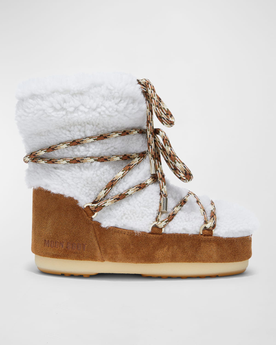 Shop Moon Boot Suede Shearling Lace-up Short Snow Boots In Whisky Off White