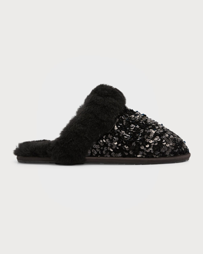 Shop Ugg Scuffette Sequin Shearling Flat Slippers In Black
