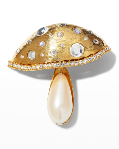 Shop Kenneth Jay Lane Gold With Crystal Top Pearly Steam Mushroom Pin In Satin Gold