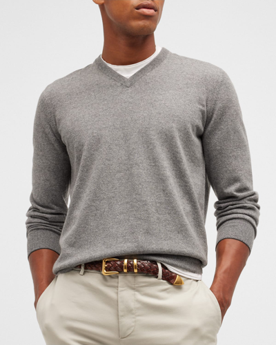 Shop Brunello Cucinelli Men's Cashmere V-neck Sweater In Cg217 Dark Grey