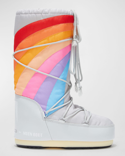 Moon Boot Icon Rainbow Printed Shell And Faux Leather Snow Boots In Glacier Blue-red