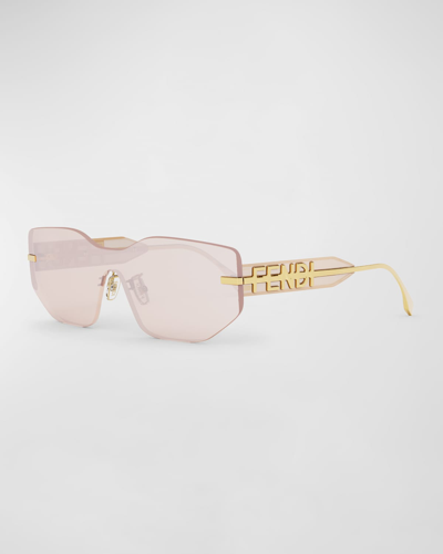 Shop Fendi Oversized Logo Metal Shield Sunglasses In Shiny Endura Gold