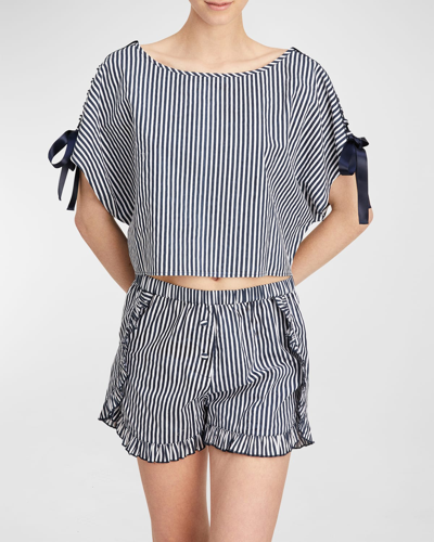 Shop Morgan Lane Gina Nessa Striped Ruffle-trim Pajama Set In Midnight
