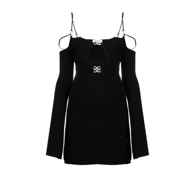 Mach&mach Women's Bow Adorned Open Shoulder Rib Knit Mini Dress In Black