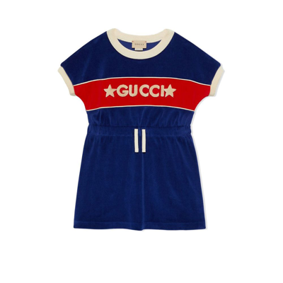 Shop Gucci Kids Blue Star Logo Cotton Dress