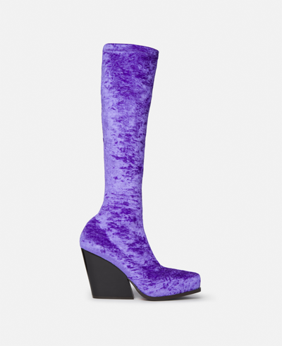 Shop Stella Mccartney Cowboy Crushed Velvet Knee-high Boots In Violet