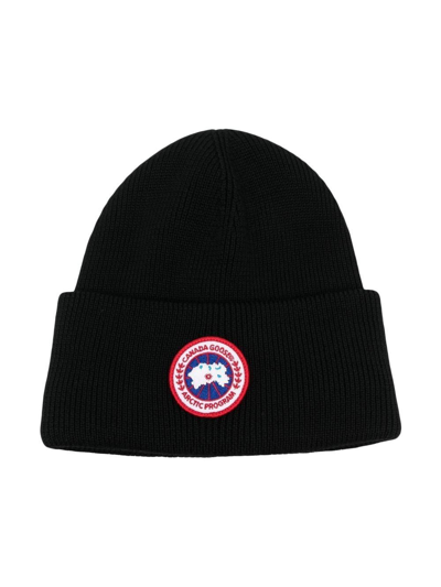 Shop Canada Goose Logo-patch Ribbed-knit Beanie In Black