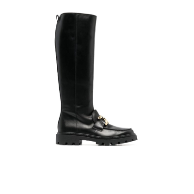 Shop Tod's Black Knee-high Chain Plaque Leather Boots