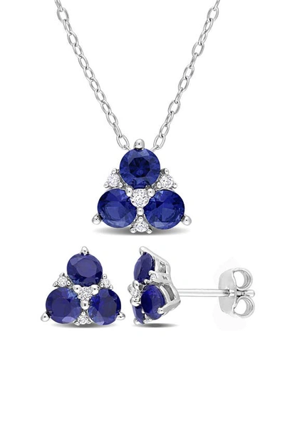 Delmar Sterling Silver Blue & White Cz Cluster Necklace & Earrings Set In Blue