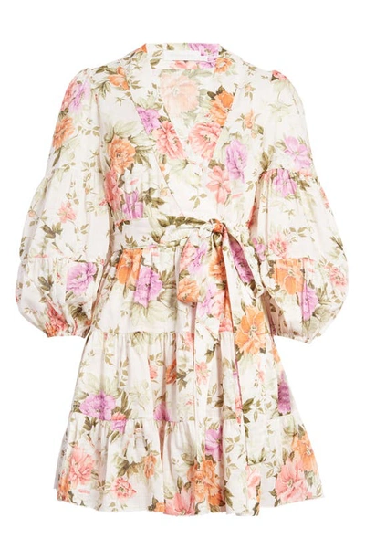 Shop Zimmermann Colorblock Floral Wrap Minidress In Cream Floral