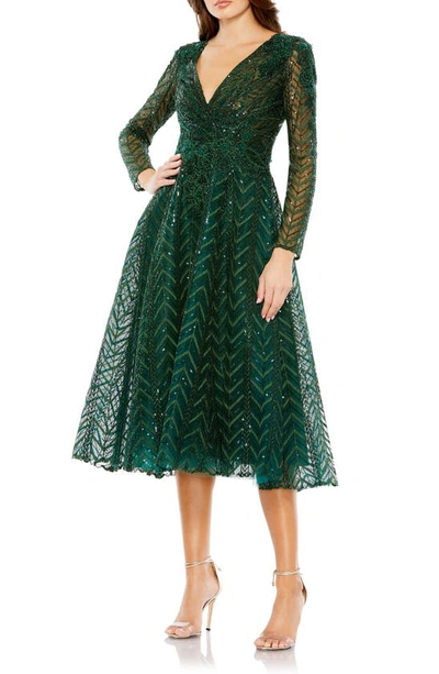 Shop Mac Duggal Bead & Sequin Long Sleeve Tulle Fit & Flare Dress In Emerald