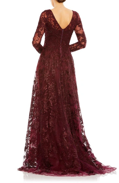 Shop Mac Duggal Beaded Floral Embroidered Long Sleeve A-line Gown In Mahogany