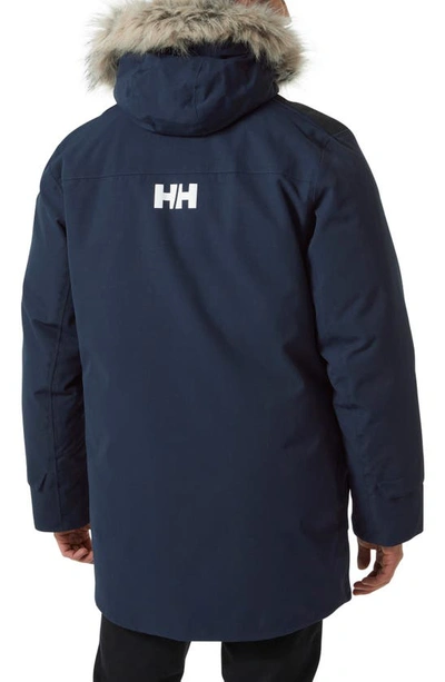 Shop Helly Hansen Varanger Waterproof Faux Fur Trim Down & Feather Fill Parka In Navy