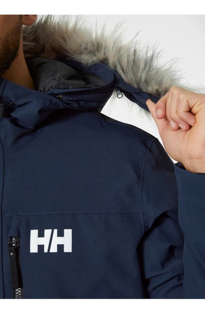 Shop Helly Hansen Varanger Waterproof Faux Fur Trim Down & Feather Fill Parka In Navy