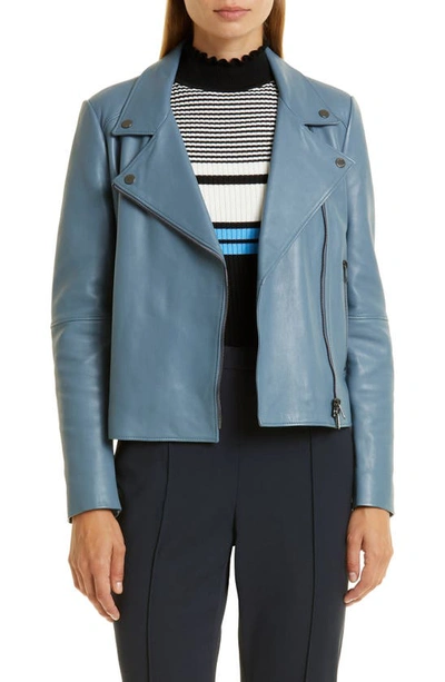 Shop Hugo Boss Saleli Lambskin Leather Jacket In Open Blue